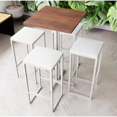 Imagem de Conjunto Mesa Alta Bar Bistrô Quadrada Imbuia 4 Bancos Estofado Industrial White (Branco)