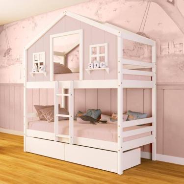 Imagem de Beliche Casinha Dos Sonhos Com 02 Gavetas Madeira Maciça Rosa/ Branco Megamobilia