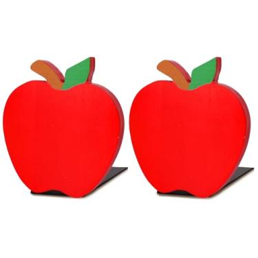 Imagem de FYSUIMU 4 peças de suportes de livros de madeira de volta às aulas em forma de maçã vermelha suportes de livros bonitos e antiderrapantes para livros pesados biblioteca de escritório