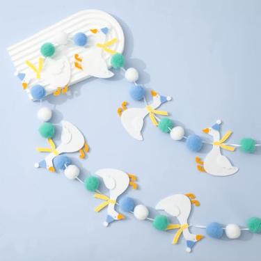 Imagem de JarThenaAMCS Faixa de feltro de ganso Silly Goose Banners pendurados com pompom branco e azul fofo guirlanda de animal de fazenda para chá de bebê, aniversário, festa de fazenda, decoração de pano de