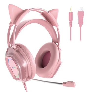 Imagem de Wantek Lindo fone de ouvido para jogos de orelha de gato - drivers de 50 mm, microfone com cancelamento de ruído, design elegante e leve com fio de 3,5 mm (rosa)