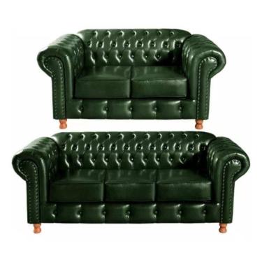 Imagem de Conjunto Sofás 2 E 3 Lugares Chesterfield Luís Xv Vintage Retrô Capitonê Couro Verde