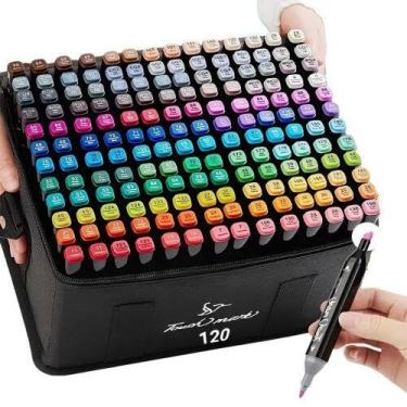 Imagem de Canetinhas Ponta Dupla para Colorir Kit Estojo de Canetas Escolar Marcadores Coloridos Permanentes Duas Pontas (120 Cores)