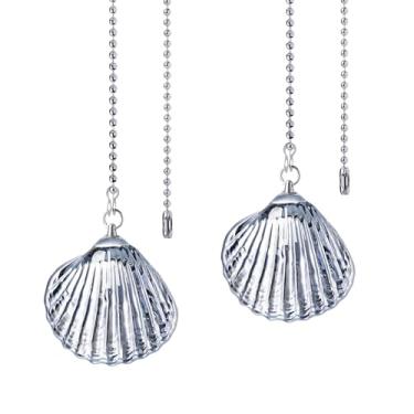 Imagem de LONGSHENG - SINCE 2001 - Pacote com 2 extensões de corrente de puxar para ventilador de teto prateadas, correntes pendentes em forma de concha de vidro cinza para ventiladores de teto e luzes