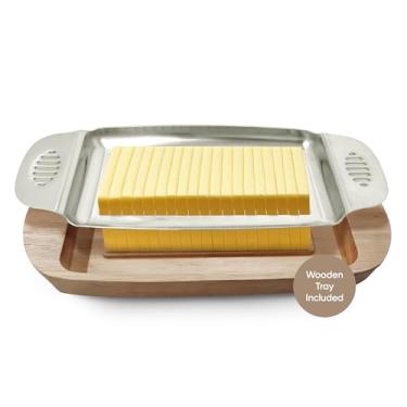 Imagem de Cortador de manteiga e queijo | Cortador com bandeja de armazenamento de madeira | Manteiga portátil multiuso | Cortador de queijo, ovo e outros alimentos macios | Seguro para lava-louças | Fatiador