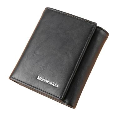 Imagem de Carteira masculina, couro bovino vintage, grande capacidade, multifuncional, estilo curto de três dobras, fecho de fivela, proteção RFID, clipe de cartão de crédito, pode guardar o bolso da calça