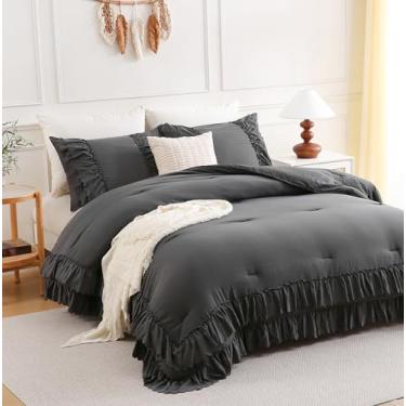 Imagem de Herside Conjunto de edredom King com babados, cinza escuro, chique, boêmio, macio, macio, para todas as estações, conjunto de colcha leve de microfibra com babados vintage, 3 peças, para mulheres e