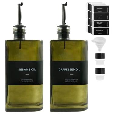 Imagem de 2 frascos dispensadores de azeite de oliva de vidro de 500 ml, sem BPA, bico de controle de óleo, garrafas de vinagre com funil de silicone, escova de bocal e adesivo, evite a luz solar para