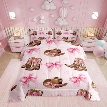 Imagem de Erosebridal Conjunto de cama solteiro com botas e laços de vaqueira, para meninas, lindo chapéu de laço rosa para crianças, adolescentes, colcha de laço rosa ocidental, retrô country cowboy, decoração