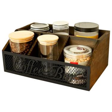 Imagem de Organizador de estação de café para balcão, estação de madeira para bancada, suporte de xarope de fazenda, cesta rústica com malha de ferro para decoração de bar, suporte de cápsulas de café
