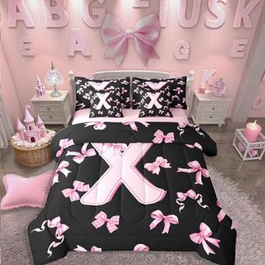 Imagem de Conjunto de cama casal com laço com inicial de 7 peças, lençol com laço rosa fofo em uma bolsa com letra X, moderno, moderno, moderno, conjunto de edredom com lençol feminino coquete rosa e laço