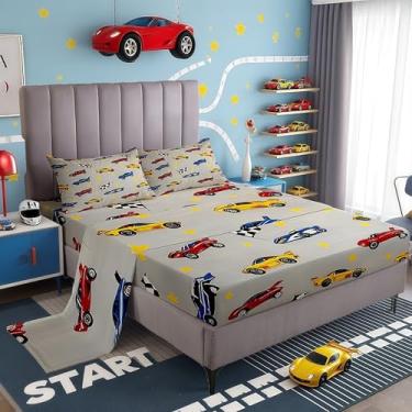 Imagem de Manfei Jogo de cama casal de carro de corrida, jogo de cama com bandeira quadriculada, decoração de quarto infantil, competição de esportes radicais, cinza, amarelo, vermelho, azul (elástico + 2