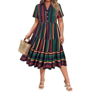 Imagem de Vestido feminino CARCOS plus size com decote em V listrado verde marin