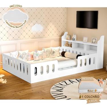 Imagem de Cama Casal Design Montessoriana Helo Com Nicho E Colchão Branca Divaloto + Luminária