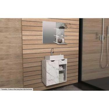 Imagem de Conjunto de Banheiro com Armário e Espelho e Balcão Suspenso sem Pia, 60cm, cor Mármore Branco - Tecno Mobili