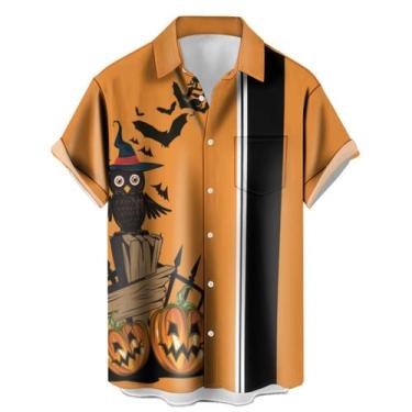 Imagem de Camisa de boliche masculina com estampa de abóbora e coruja de hallowe