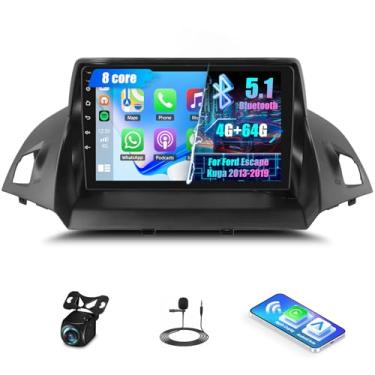 Imagem de Som automotivo Qualcomm 4G + 64G Android 15 de 8 núcleos para Ford Kuga Escape 2013-2019 com Carplay sem fio e Android Auto, unidade de cabeça IPS Touchscreen de 9 polegadas DSP Bluetooth 5.1 WiFi GPS