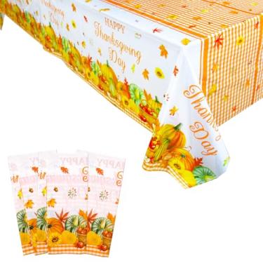 Imagem de Muswarm 3 peças de toalha de mesa de plástico de Ação de Graças, toalha de mesa descartável, folha de bordo de abóbora, decoração de mesa de festa de outono, 137 x 272 cm (Ação de Graças - 1)