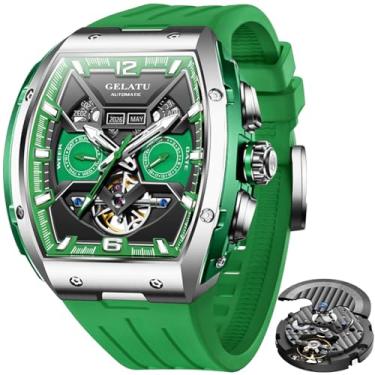 Imagem de OLEVS GELATU Relógio masculino turbilhão automático, relógio de pulso esqueleto, mecânico, corda automática, 50 m, à prova d'água, cristal de safira, relógios masculinos quadrados, amarelo/branco