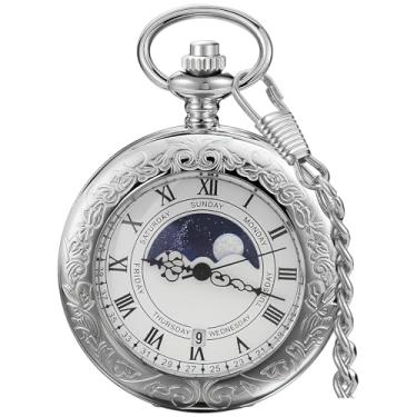 Imagem de Alwesam Relógio de bolso com capa transparente com calendário de fases da lua, quartzo, relógios de bolso com corrente, melhor presente (prata-04)