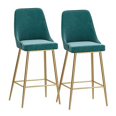 Imagem de Bancos de bar de metal, conjunto de 2 bancos altos de cozinha, cadeiras de veludo para café da manhã com encostos e pernas de metal dourado para bistrô, café, pub
