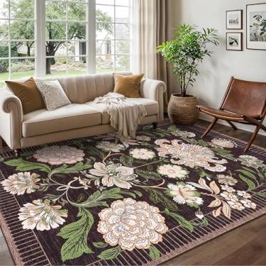 Imagem de GarveeHome Tapete floral rosa ameixa lavável 12 x 18 cm para sala de estar, preto roxo vintage boho tapete de pêlo baixo para quarto de jantar, berçário