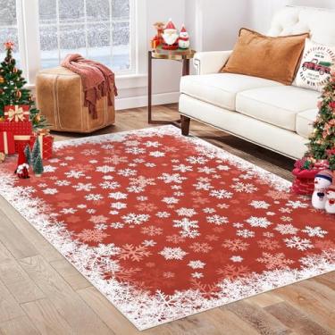 Imagem de GarveeHome Tapete de Natal para sala de estar 10 x 13 mas floco de neve tapete antiderrapante macio tapete baixo interior decoração de férias para quarto, vermelho