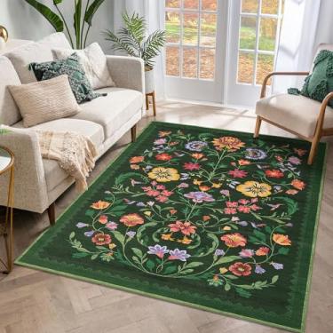 Imagem de Tapete lavável 7,5 x 12,5 cm para sala de estar, tapete floral para quarto, macio boho antiderrapante com parte traseira de borracha, tapete floral vintage resistente a manchas de pilha baixa para