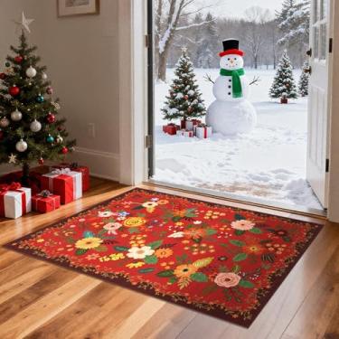 Imagem de GarveeHome Tapete de área 2x3 Boho floral pequeno antiderrapante para entrada, cozinha, entrada interna da porta da frente, quarto das crianças, vermelho