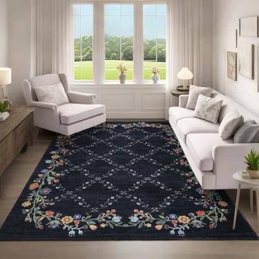 Imagem de GarveeHome Tapetes laváveis à máquina, tapete floral moderno, 12 x 18 cm, para quarto, pelo baixo, macio, antiderrapante, tapetes finos para berçário, sala de estar, lavanderia