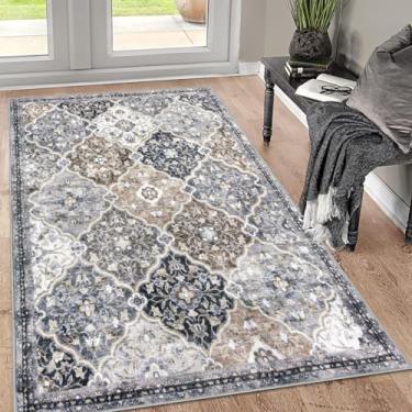 Imagem de KILOCOCO Tapete de área para sala de estar 3'x5' treliça marroquina tapete de quarto tapete lavável interior antiderrapante tapete de acento baixo impresso tapete para banheiro cozinha entrada sala de jogos tapete de escritório, cinza