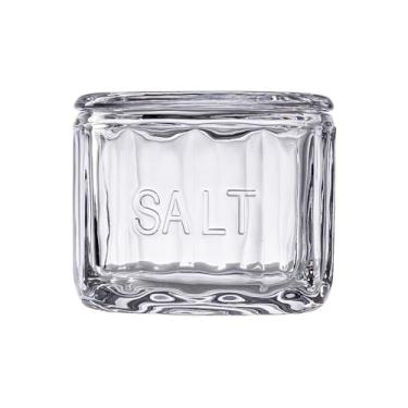 Imagem de TableCraft Saleiro 12908 com tampa, capacidade de 283 g, vidro de limão e refrigerante transparente, em relevo "sal", 9,5 cm x 9,5 cm x 7,6 cm, recipiente de armazenamento de mesa de inspiração