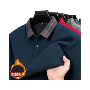 Imagem de Suéter Masculino De Inverno Grosso De Lã De Malha Com Gola Camisa Quen
