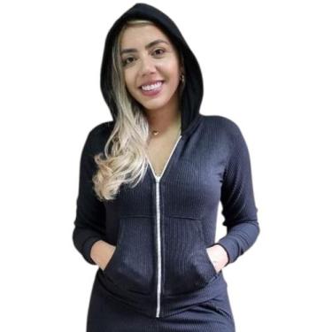 Imagem de Casaco Malha canelada com bolso, capuz e zíper Cor:PretoTamanho:GG - F