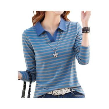 Imagem de Camisa Polo Feminina Listrada, BR-G3, Azul