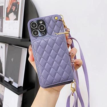 Imagem de Carteira de Couro com Zíper Estojo para Moedas para iPhone 14 Pro Max 14Plus 13 11 12 Tiracolo Transversal Porta Cartões de Ombro Bolsa Cosmética, Roxo, Para iPhone 14Pro Max