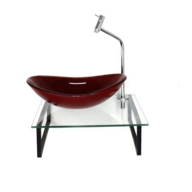 Imagem de Kit Cuba de Vidro Oval 10cm com Tampo 40cm e Suporte Vermelho Cereja