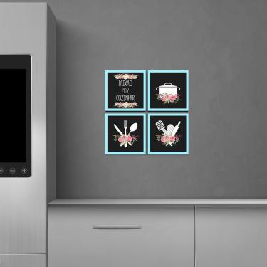 Imagem de Conjunto Quadros Decorativos 4 Pçs 20x20 Paixão Por Cozinhar Titulo Moldura Azul