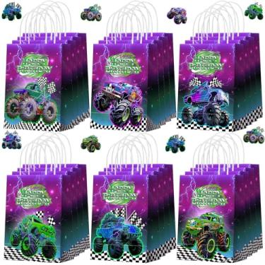 Imagem de Kolldenn 24 peças de sacolas roxas para lembrancinhas de festa de caminhão monstros roxos para presente com alças de carro de corrida bolsa de doces para decoração de aniversário de monstros