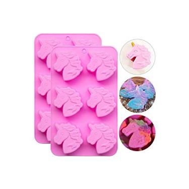 Imagem de Fewo 2 moldes de cupcake de unicórnio, cabeça de unicórnio de 6 cavidades, forma de silicone para bolo, bomba de banho, sabonete, pudim, suprimentos para festa de aniversário para meninas