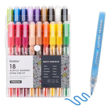 Imagem de Grabie Marcadores de canetas de tinta acrílica, 18 cores, 0,7 mm, marcadores de desenho de ponta extrafina, canetas de tinta premium para pintura em várias superfícies, materiais de arte