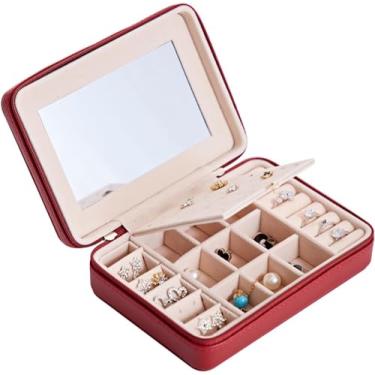 Imagem de BSNANCA Caixa de joias para mulheres caixa de joias portátil PU zíper brinco anel multifuncional com gancho de espelho organizador destacável divisor organizador de joias portátil joias C (D)