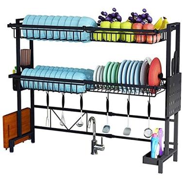 Imagem de Escorredor sobre a pia de aço inoxidável de 2 camadas, comprimento ajustável com utensílios, talheres, tábuas de corte, pauzinhos, suporte de facas, ganchos, escorredor de cozinha, armazenamento