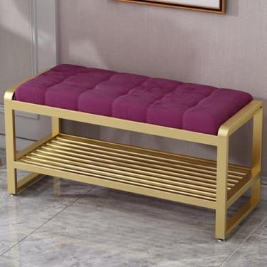 Imagem de Banco de armazenamento de entrada de madeira com almofada, rack organizador de 2 camadas para sala de estar e corredor, banco de sapatos elegante com assento (D 100 x 35 x 45 cm)