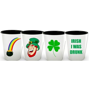 Imagem de St. Patrick's Days Copos de shot - I Wish I was Drunk - Trevo de quatro folhas - Leprechaun - Pote de ouro - Copos de cerâmica irlandesa divertidos (pacote com 4, 4 juntos)