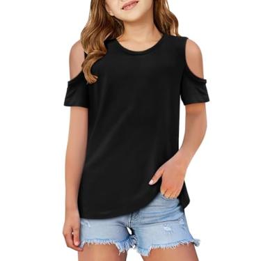 Imagem de Yoklass Camiseta feminina de manga curta com gola redonda e ombro vazado 5-14 anos, Preto, 13-14 Anos