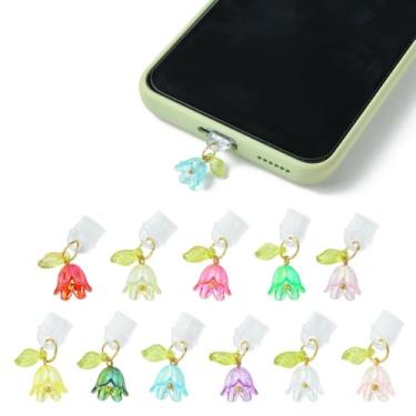 Imagem de KitBeads 50 peças de pingentes de flores de acrílico aleatórios com plugues móveis de plástico à prova de poeira pingente de telefone lírio do vale para celular tipo C artesanato, Acrílico Plástico,