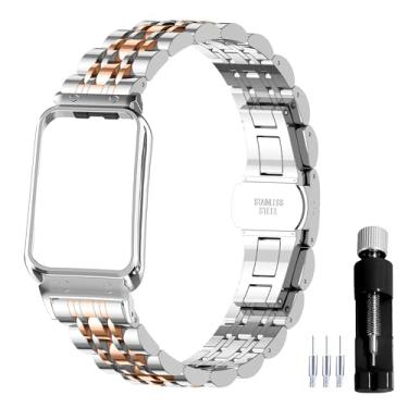 Imagem de Gheper Pulseira de relógio de metal compatível com Samsung Galaxy Fit3 SM-R390 SM-R390 acessório de aço inoxidável com moldura protetora design de pulseira de substituição para mulheres e homens