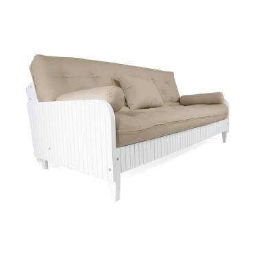 Imagem de Sofá Cama Paris Ripado Branco Sarja Bege Madeira Nobre