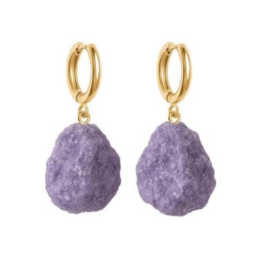 Imagem de Brinco de Argola Lepidolita Roxa - Cristal Natural, Banho Ouro 18k